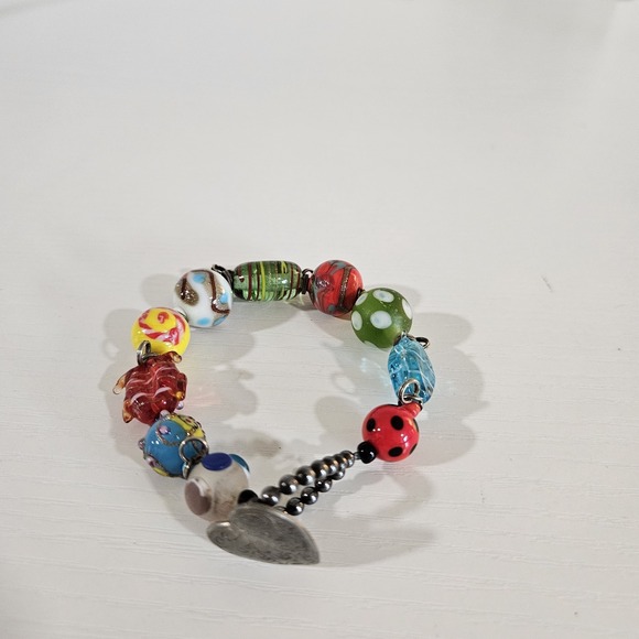 Artisan Jewelry - Vintage WWJD Artisan Lampwork Glass Beaded Charm Bracelet 8.5" Heart Toggle